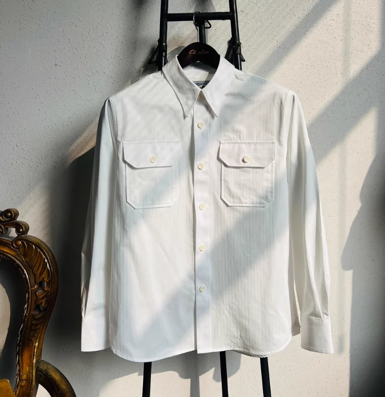 

American Retro HBT Fishbone Pattern M-38 Officer Workwear Pure Cotton Long Sleeved Shirt