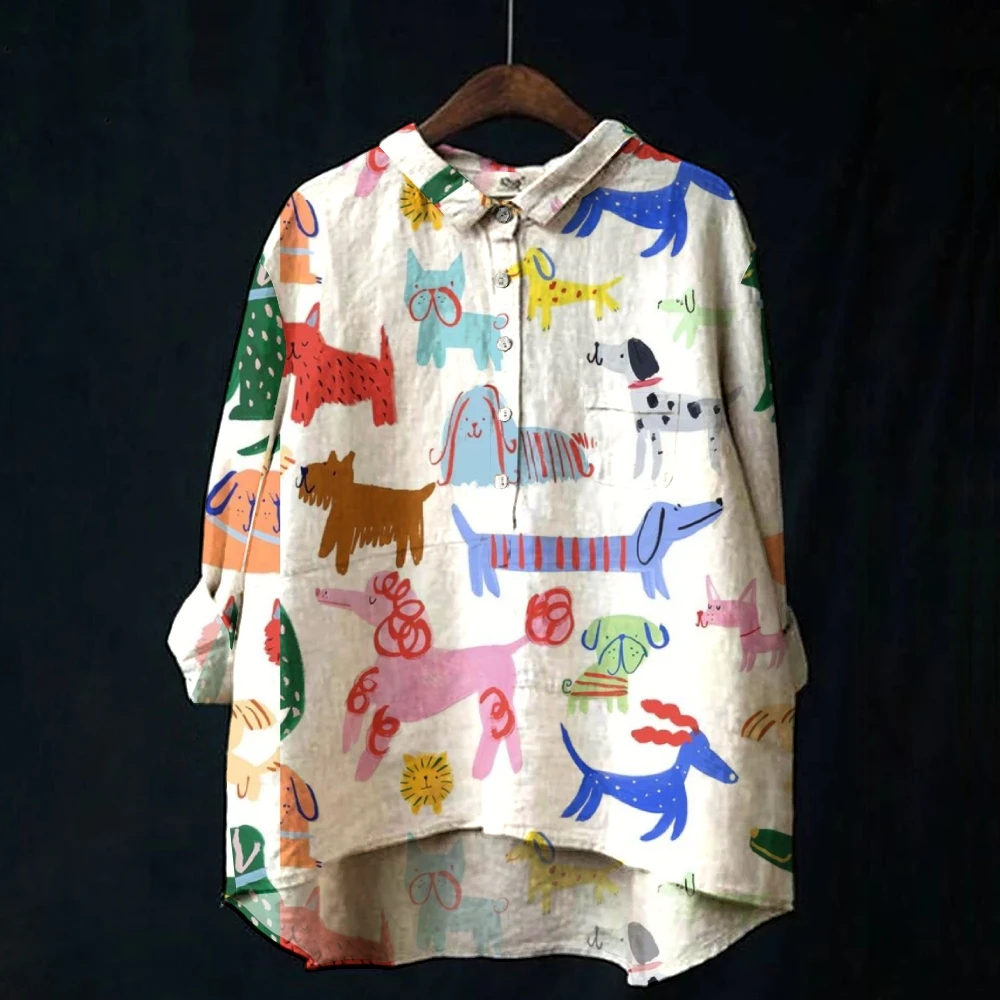 

1-piece Dog Print Shirt Animal Lovers Oversized Flip Collar Blouse Buttons Pattern Casual Shirt Women'S Shir Spring & Summer