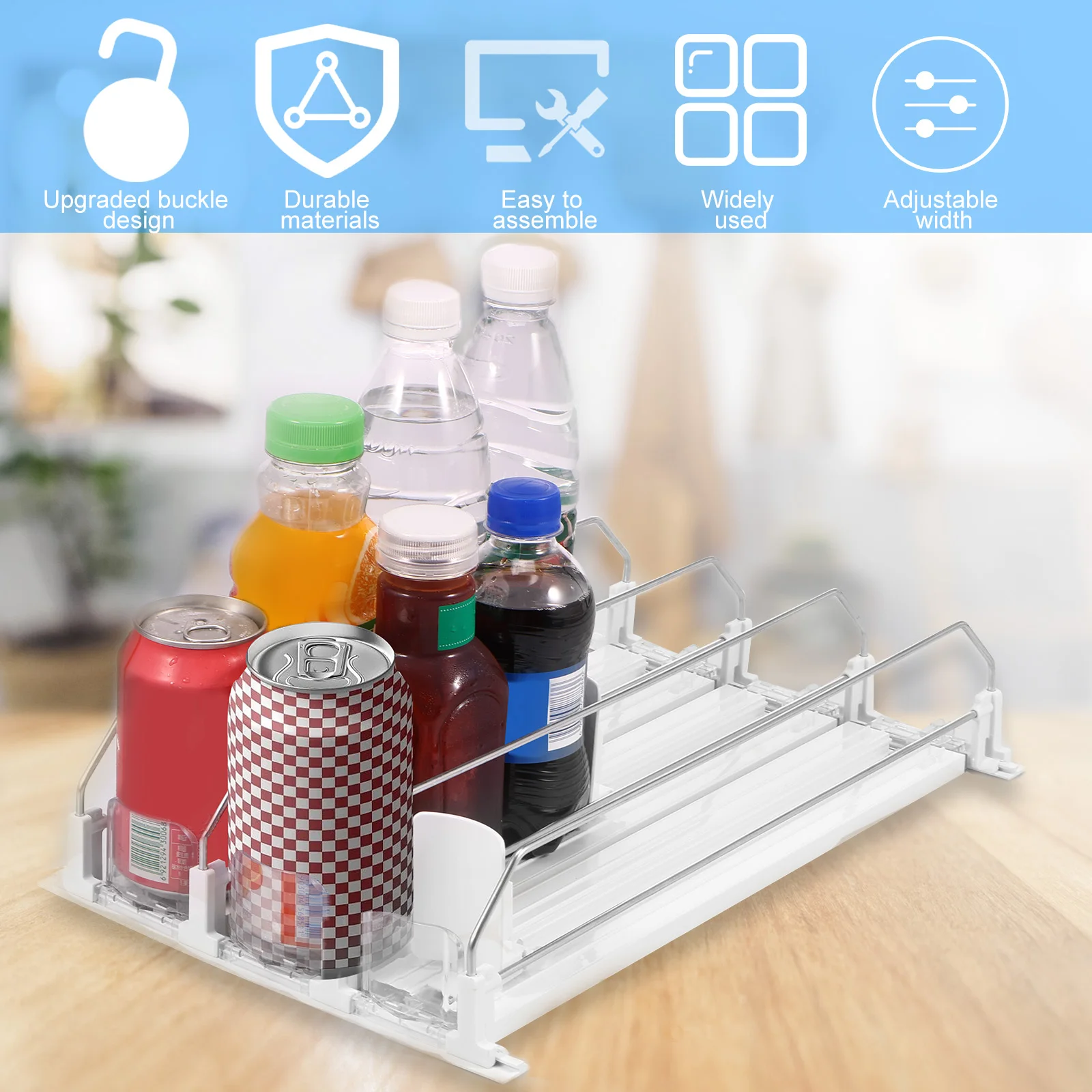 Drink Organizer Pusher Adjustable Width Soda Can Bottle Pusher E-shaped Glide Dispenser Spring Push Can Shelf for Kitchen Fridge