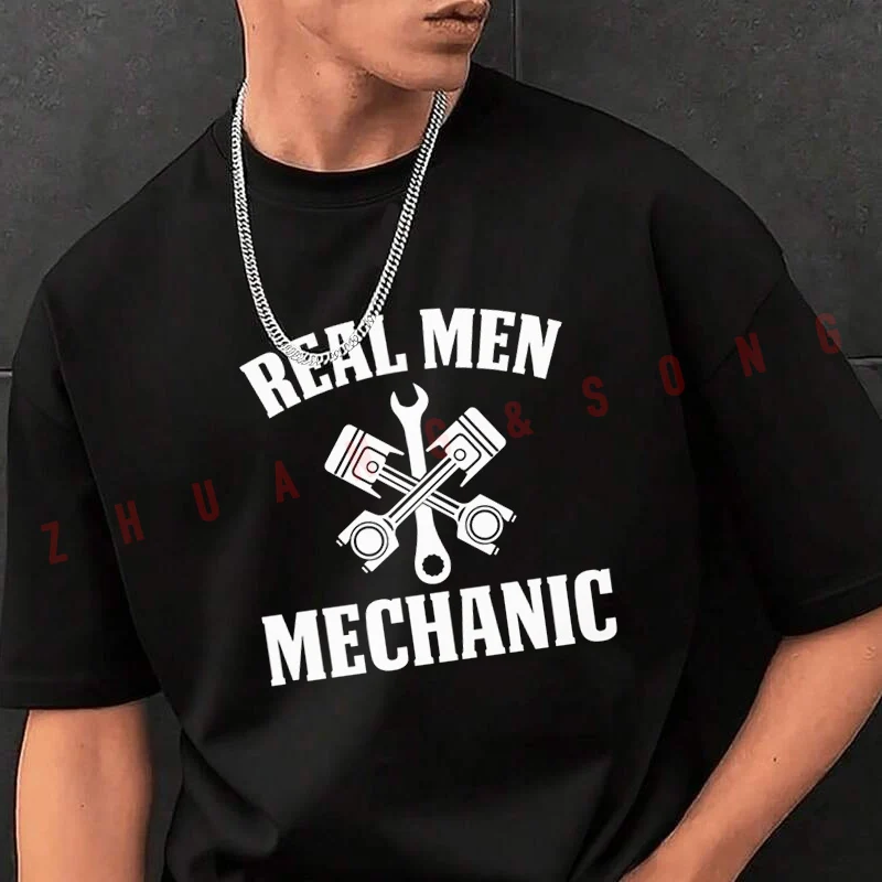 

Real Men Mechanic Print Men's Print T-Shirt Fashionable Casual Street Style Suitable For Travel And Sports Tshirt Tee
