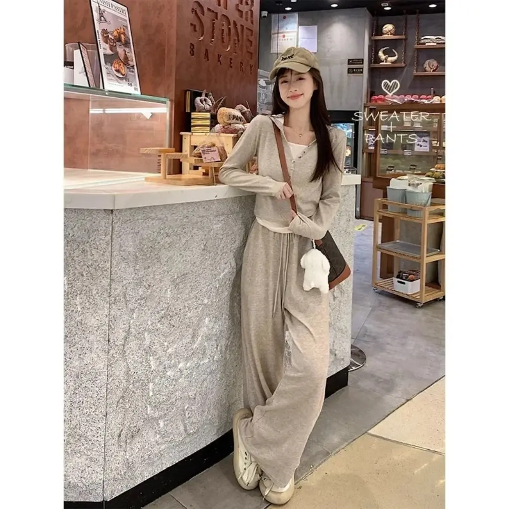 

Women's Glutinous Rice Two-piece Casual Sports Suit Long-Sleeved Top with High Waist Pants Wide-Leg Pants Autumn Collection