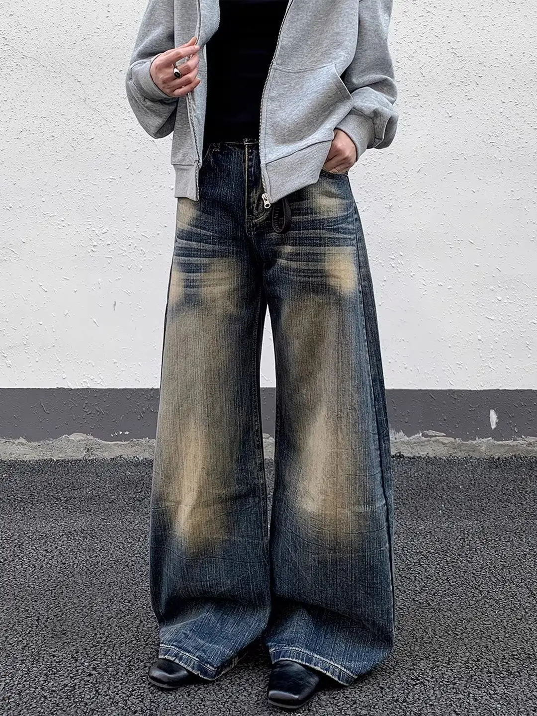 

Large Size American Retro Mud Dye Washed Lightning Pattern Wide Leg Jeans Women's Autumn Winter Loose Vintage Denim Pants
