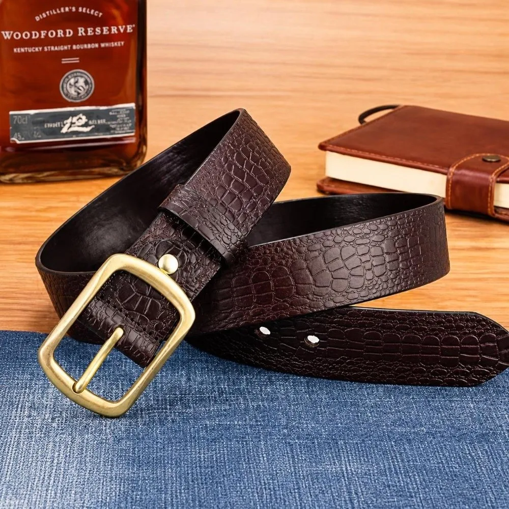 Embossed Texture Faux Leather Belt Durable Stitching Adjustable Crocodile Grain Belt Casual Alloy Pin Buckle Dress Belt For Men