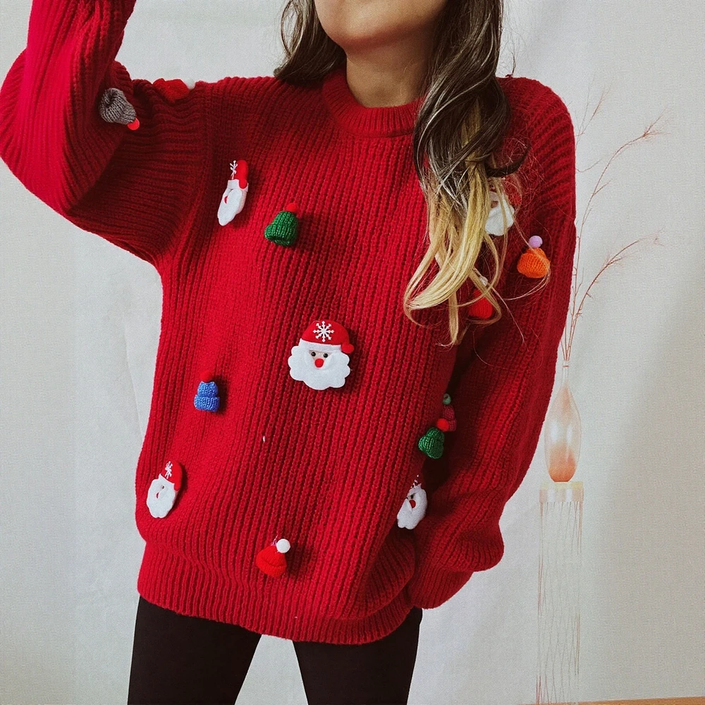 

Женский свитер с круглым вырезом и длинными рукавами, рождественская мода, принт Санта-Клауса, повседневный осенний топ стандартной посадки для
