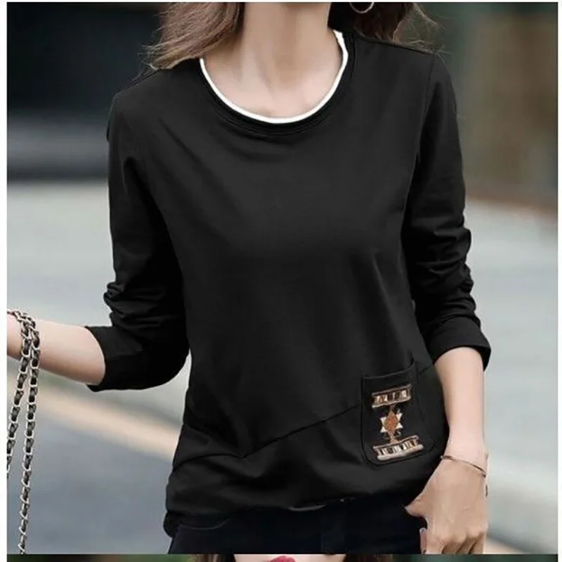 Fashion Solid Color Printed Pockets All-match Tee Shirt Female Clothing 2023 Autumn New Loose Korean Tops Casual T-Shirt