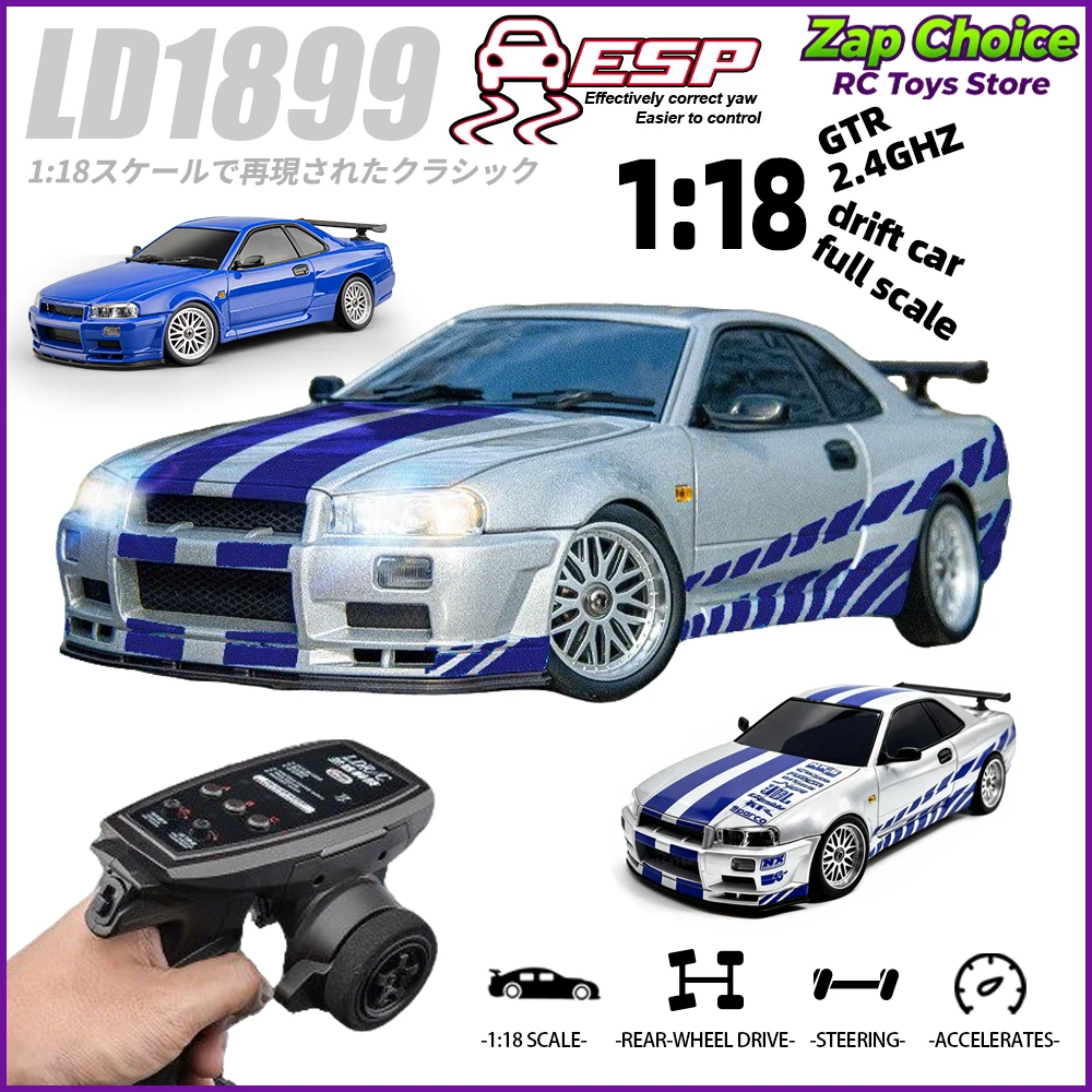 LDRC LD1899 1/18 GTR R34 RWD RC Drift Car 2.4G 3CH ESP Gyro LED Metal Drive Shaft 20-30min RTR Racing Toy Gift for Boys Adults