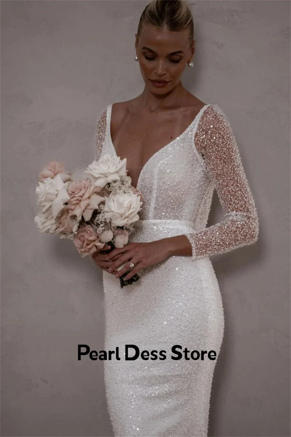 Pearl Backless Dresses Gala Dresses Woman 2024 for Party Fish Tail Luxury Dress for Weddings White Shiny Long Sleeves Ball Gowns