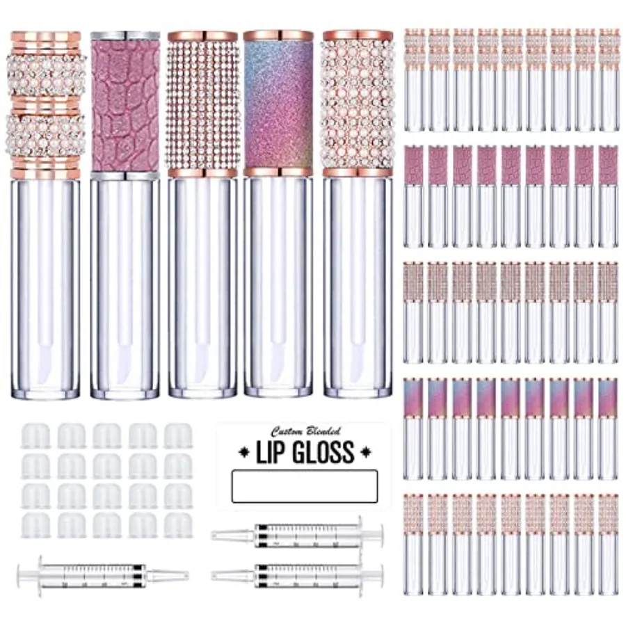 

50 Pack Diamond Lip Gloss Tubes with Wand 5ml Empty Rhinestone Lip Gloss Containers + 3pcs Syringes + Labels for DIY Base