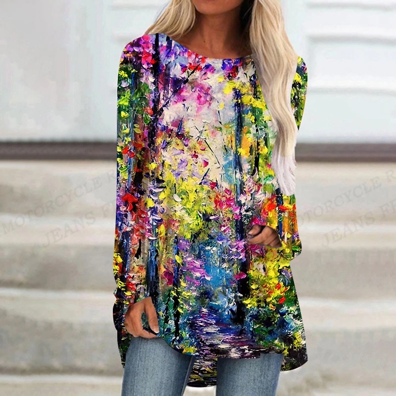 2023 Women's T-shirt Abstract Painting Print Tshirt Women Fashion T-shirt Plant Flowers T Shirt Long Sleeve Tops Tees Butterfly