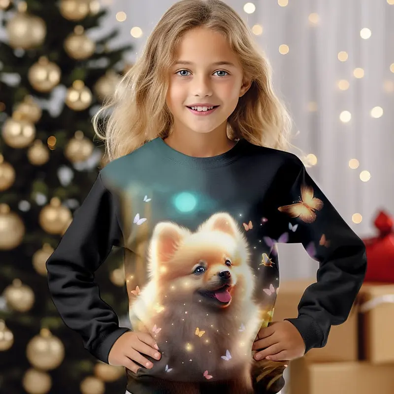3D Cat Graphic T Shirts Autumn Clothing for Girls O-Neck Streetwear Top Long Sleeve T-Shirt Cartoon Animal Children\'s T-Shirts