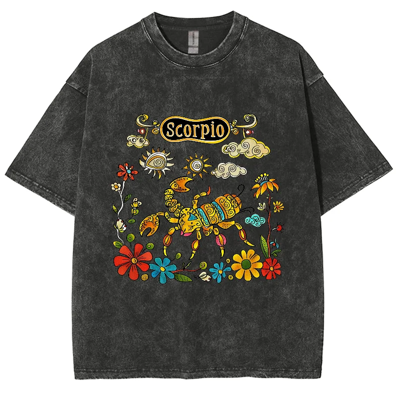 Washed Constellation Cartoon T Shirt, Scorpio Vintage Unisex T-Shirt, 100% Cotton Tshirt, Short Sleeve, Oversized Streetwear