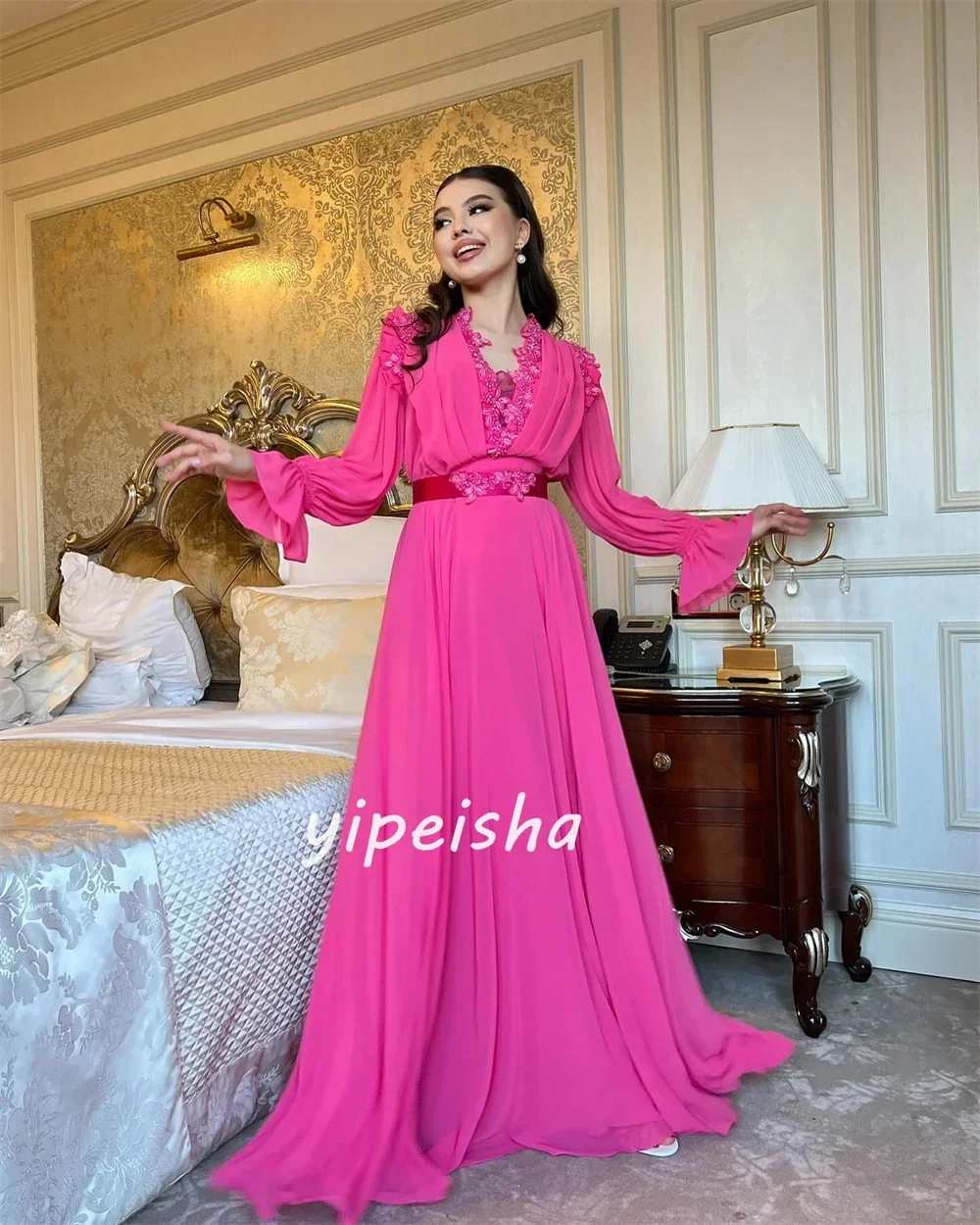 Robe longue froncée à volants avec perles florales, maillot de réglage de prix personnalisé, robe d'anniversaire, robe à col en V A-Line, occasion sur mesure