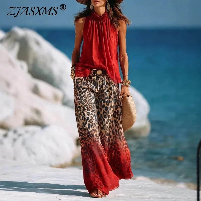 Summer Women 2Pcs Outfit Ruffle Neck Sleeveless Elastic Waist Gradient Leopard Print Wide Leg Pants Outfits Casual Vacation Sets