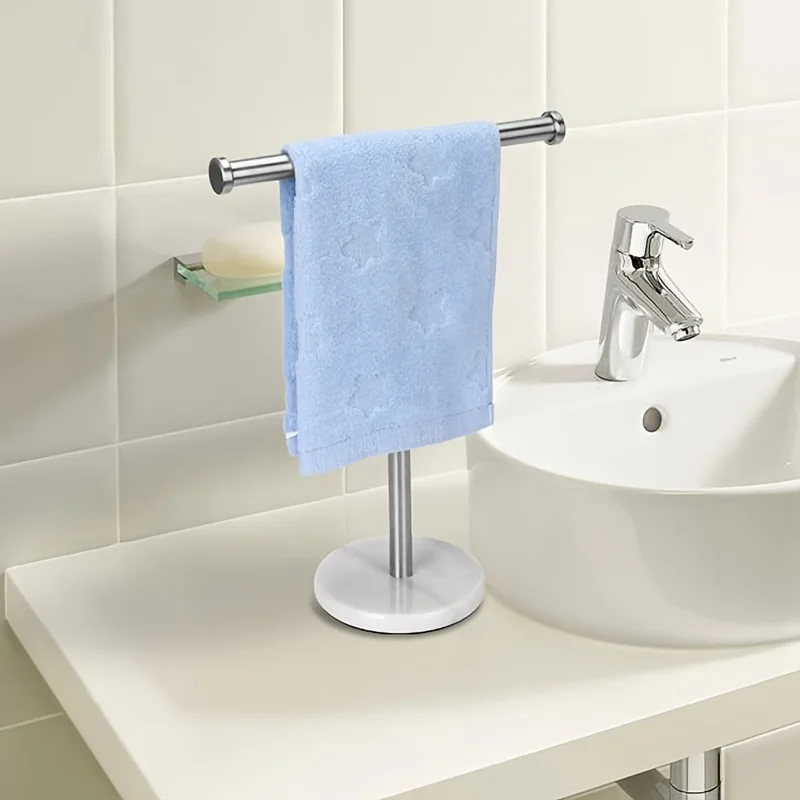 1pc Towel Rack With Natural Marble Base, T-Shape Hand Towel Holder Stand, SUS304 Stainless Steel For Bathroom Vanity Countertop 