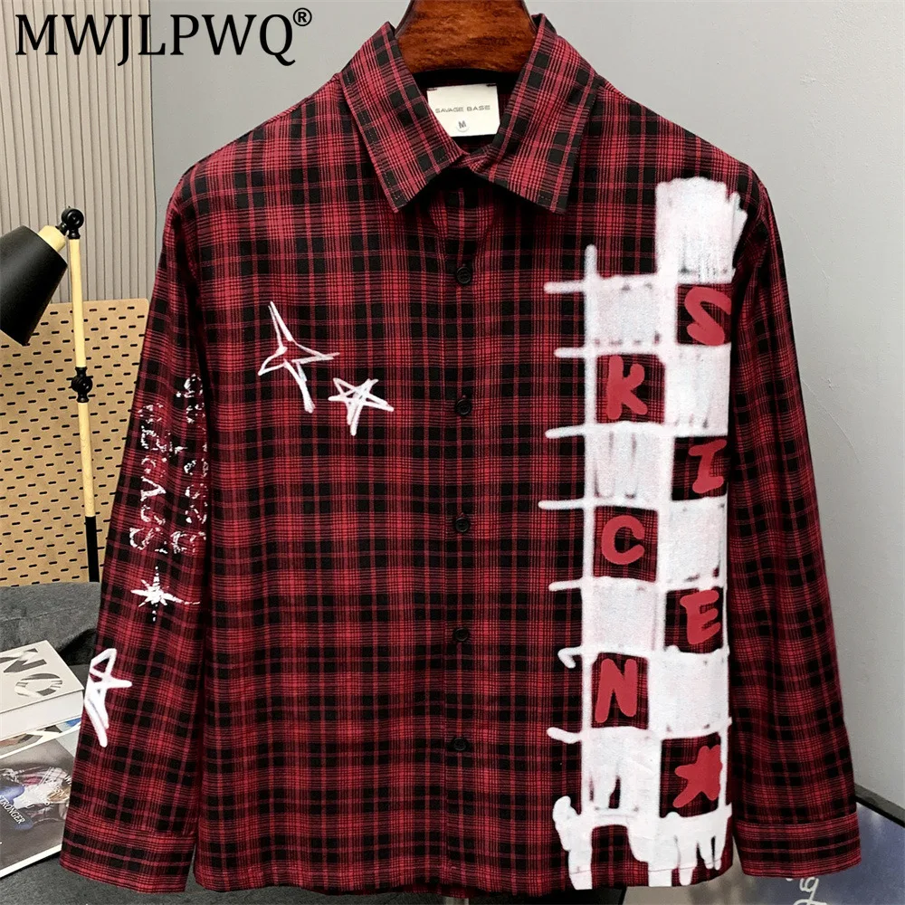 MWJLPWQ Loose Plaid Long-Sleeve Shirt Men Spring Autumn Contrasting Color Print Letter Pattern Casual Turn-Down Collar Top 20636