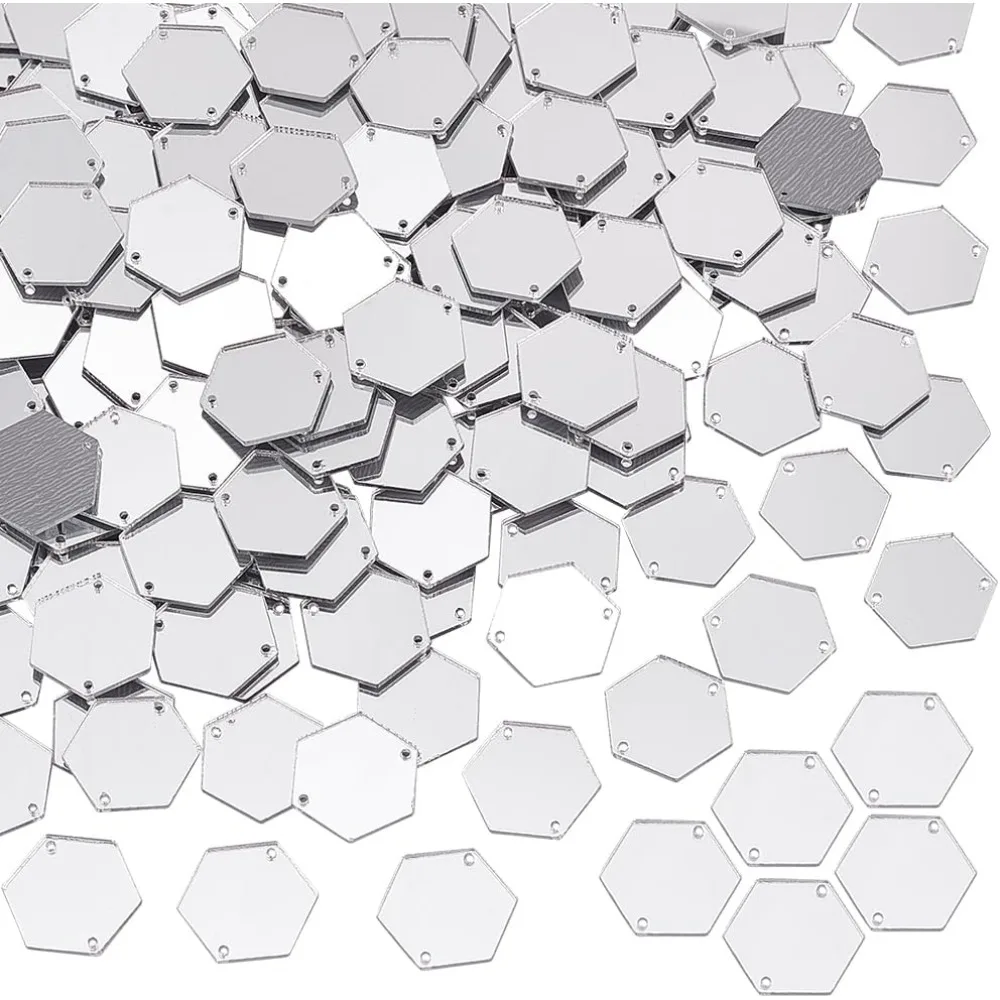 200pcs Hexagon Sew on Mirrors Silver Acrylic Sew on Mirror Pieces with Holes 0.8 x 0.7 inch Mirror Beads for DIY making kit