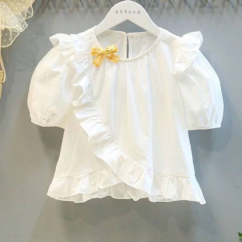 

Children's Ruffled Shirts White Versatile Bow Bubbles Short Sleeve 95% Pure Cotton Girl's Loose Back Single Breasted Blouses