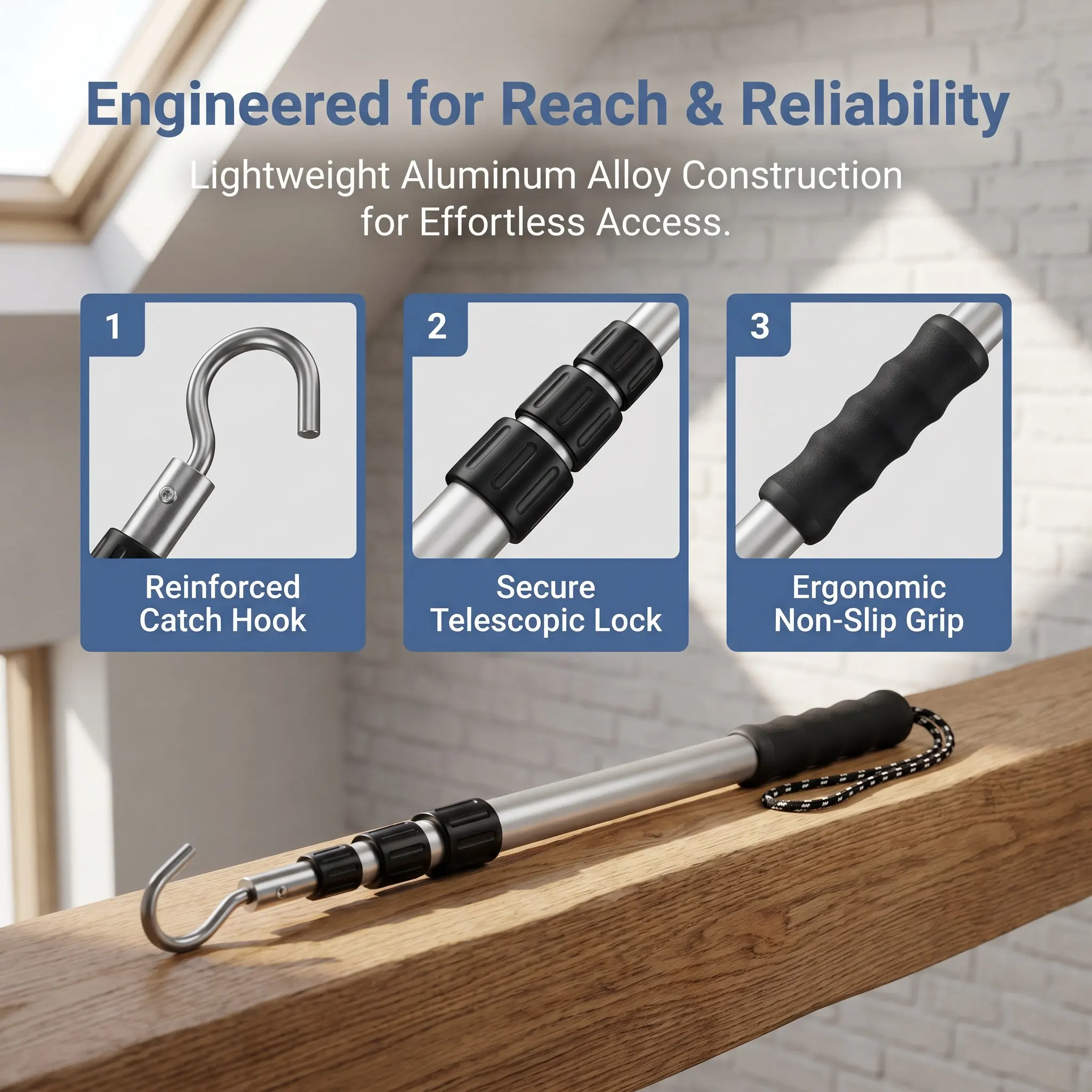 Loft Ladder Pole Hook Extendable Telescoping Attic Pull Down Rod System Home Garage Rv Awning Pull Telescoping Pole with Hook