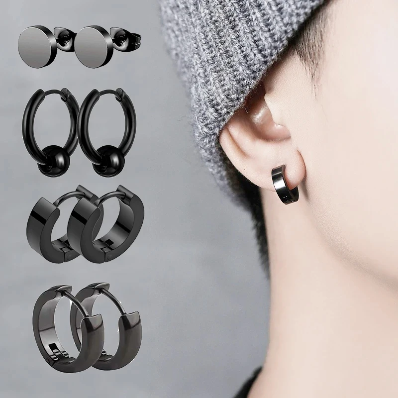 1/4 Pairs Mens Black Round Disc Huggie Hoop Stud Earrings Stainless Steel Faux Gauges Ear Tunnel Piercing Hypoallergenic Jewelry