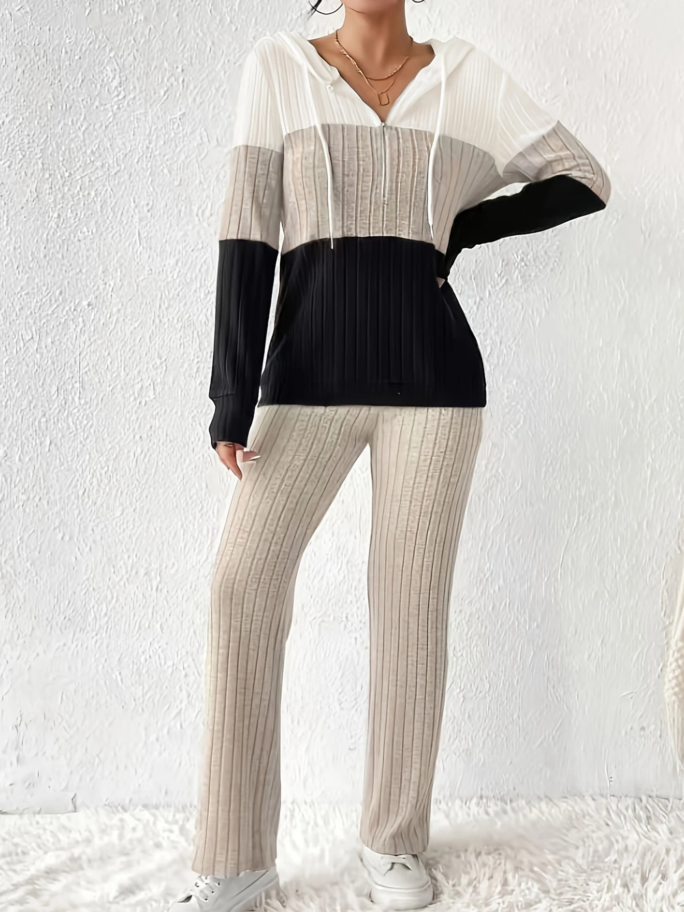 秋のレディースセットファッションベーシックコントラストカラー長袖フード付きドローストリングジッパーナチュラルウエストアンクルストレートセット