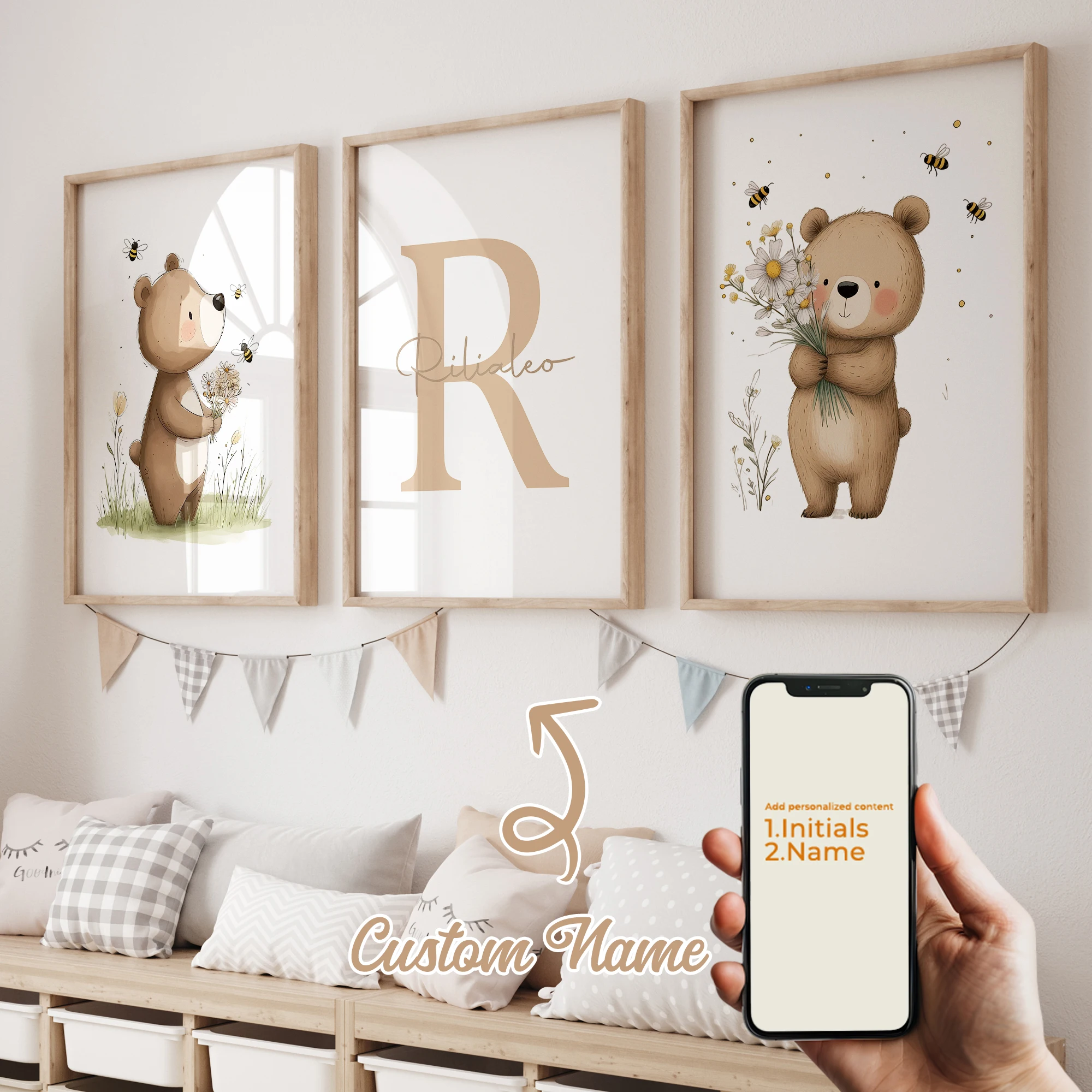 3-teiliges personalisiertes Wandbild mit Cartoon-Tiermotiv, Bär, Kunstdruck auf Leinwand, Poster, Gemälde für Wohnzimmer, Kinderzimmer, Heimdekoration