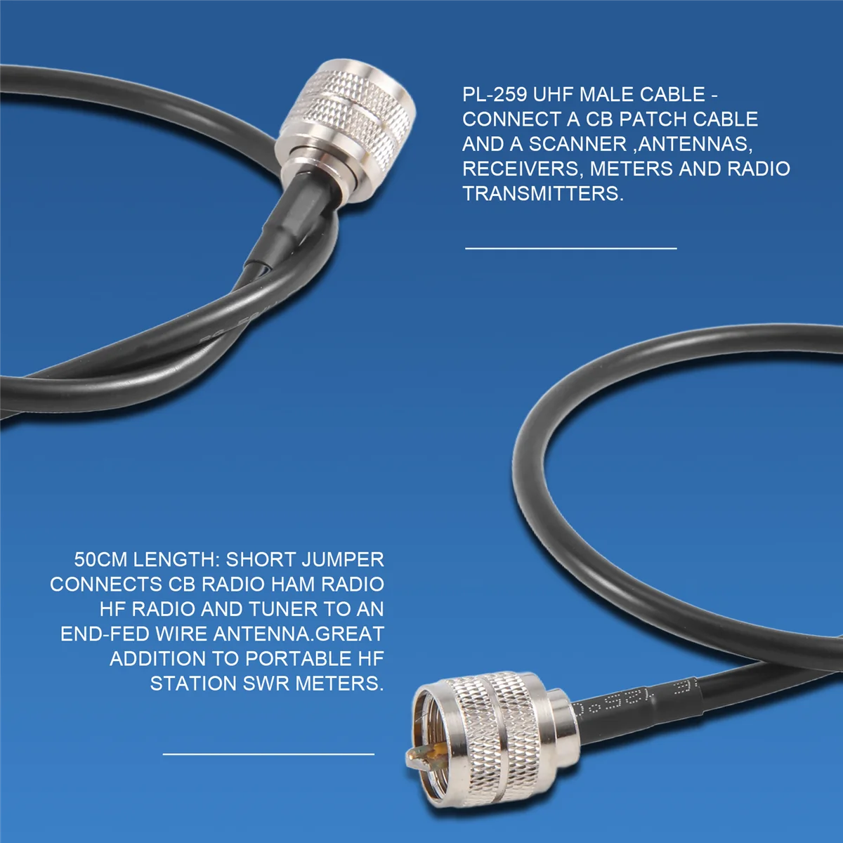 ACKOR Упаковка из 2 антенных кабелей CB Radio 50 см PL259 UHF «папа-папа» RG58 Коаксиальный патч-провод для любителей радиолюбителей CB Marine