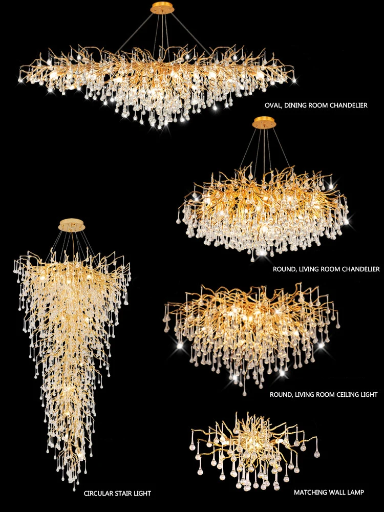 Staircase Crystal Ceiling Chandelier Lighting Water Drop Pendant Lamp Dining Living Room Villa Tree Branch Suspension Luminaire