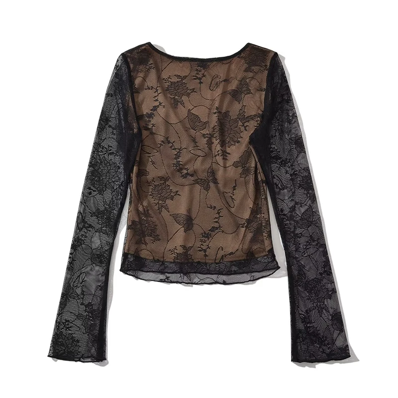 YENKYE Sexy donna prospettiva manica lunga con scollo a V camicetta in pizzo Slim Chic Crop Top