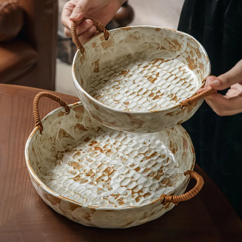 

Handmade Rustic Coarse Pottery Rope Double Ears Bowl Vintage Deep Plate Housewarming Fruit Bowl