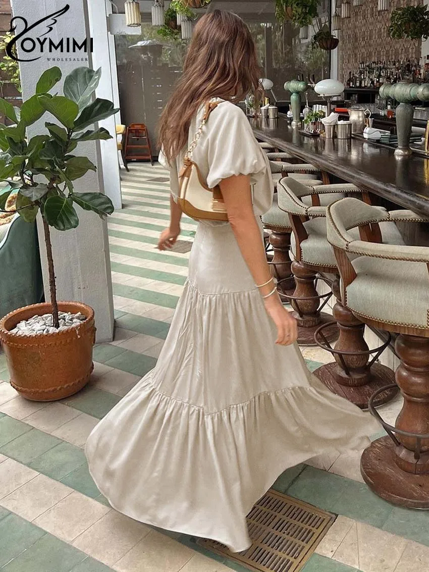 Oymimi Casual Khaki Women 2 Piece Set Outfit Elegant O-Neck Short Sleeve Crop Tops And High Waist Pleated Ankle-Length Skirt Set