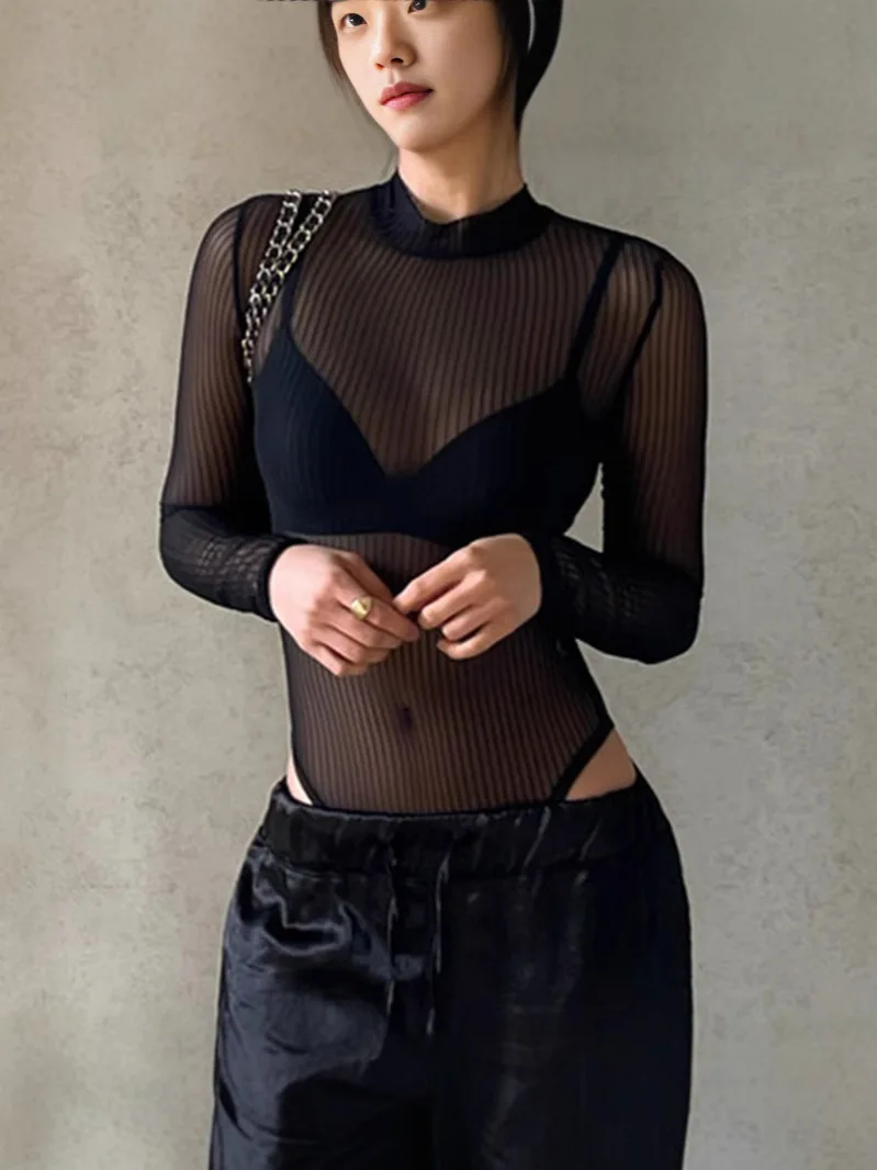2026 New Arrival Y2K Black Sexy Spicy Girl Style Backless Cutout Lightly Mature Elegance Striped Mesh Sheer Sensual Long Sleeve image 3