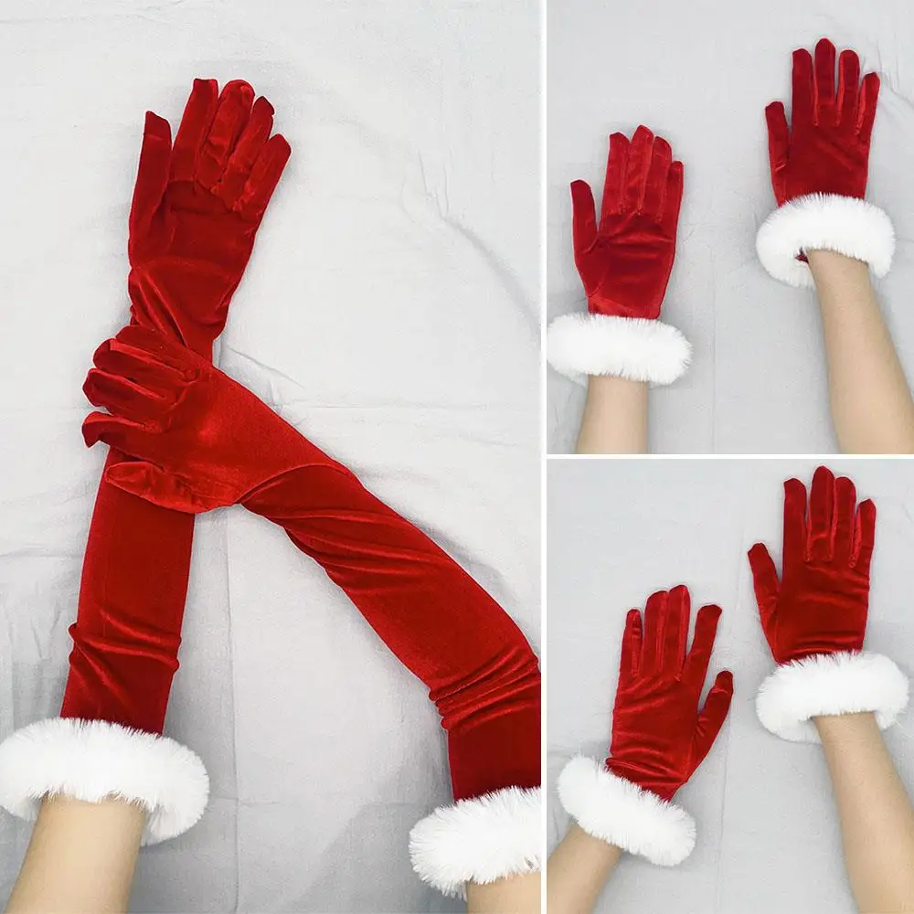 

Christmas Party Etiquette Gloves Santa Claus Gloves Cosplay Women Costume Long Gloves Red Gold Velvet White Plush Cuff Gloves
