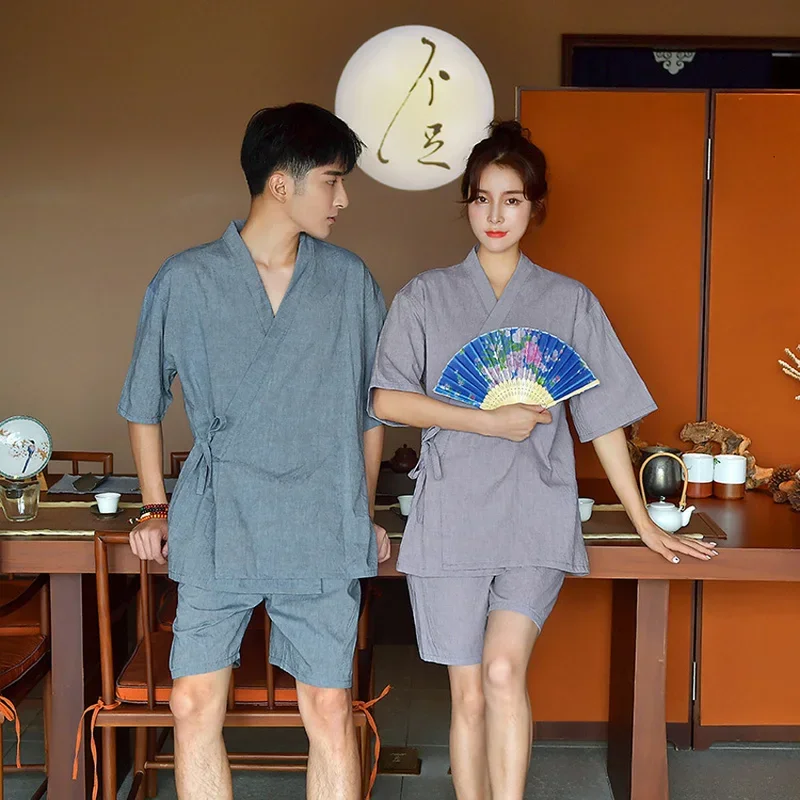 Japanese Style Yukata for Adult Couple's Clothing Woman Kimono Cotton Short V-neck Man Jinbei Pajamas Sleepwear Clothing Set