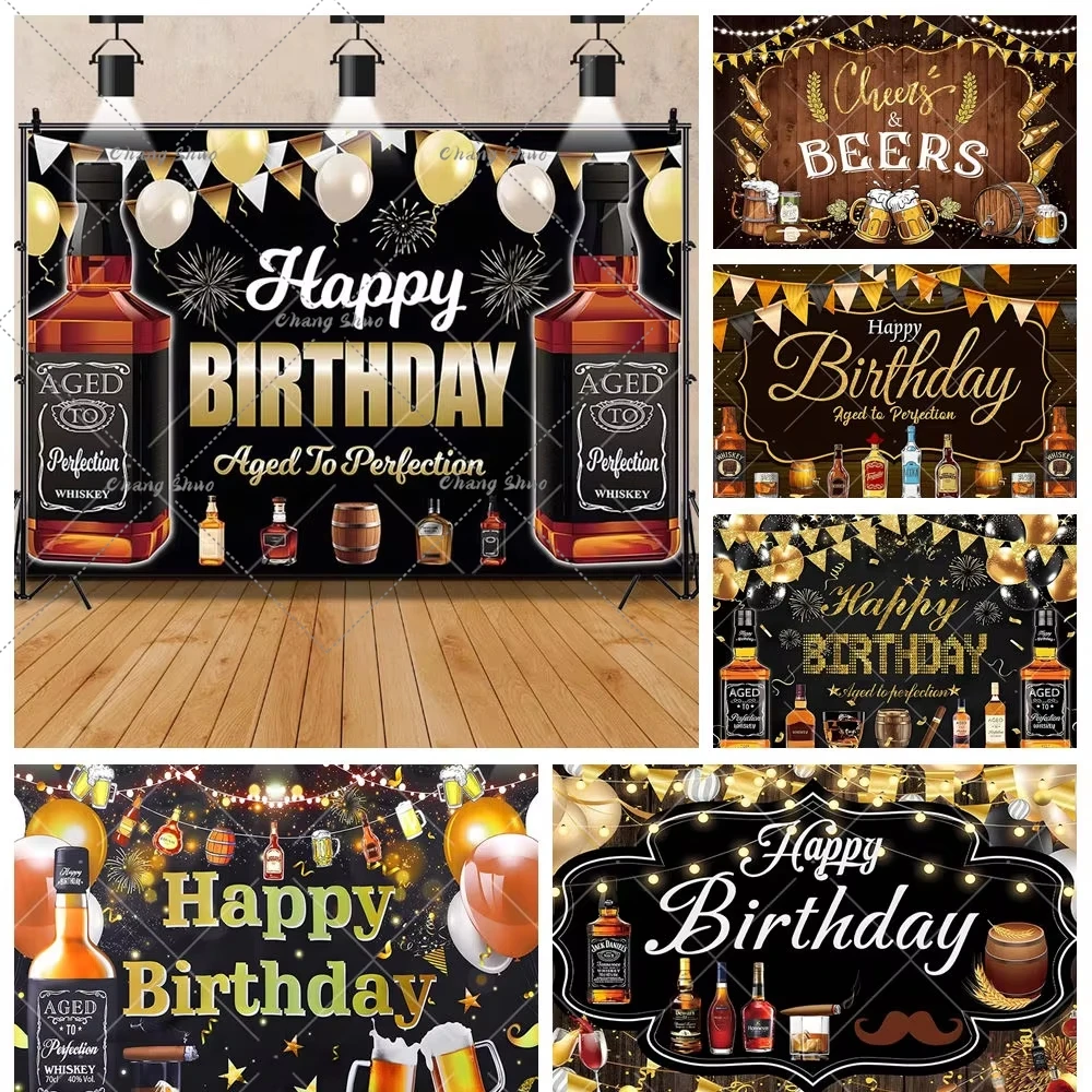 

Oktoberfest Theme Whisky Wine Happy Birthday Party Photography Background Gold And Black Balloons Dining Deco Backdrops Banner