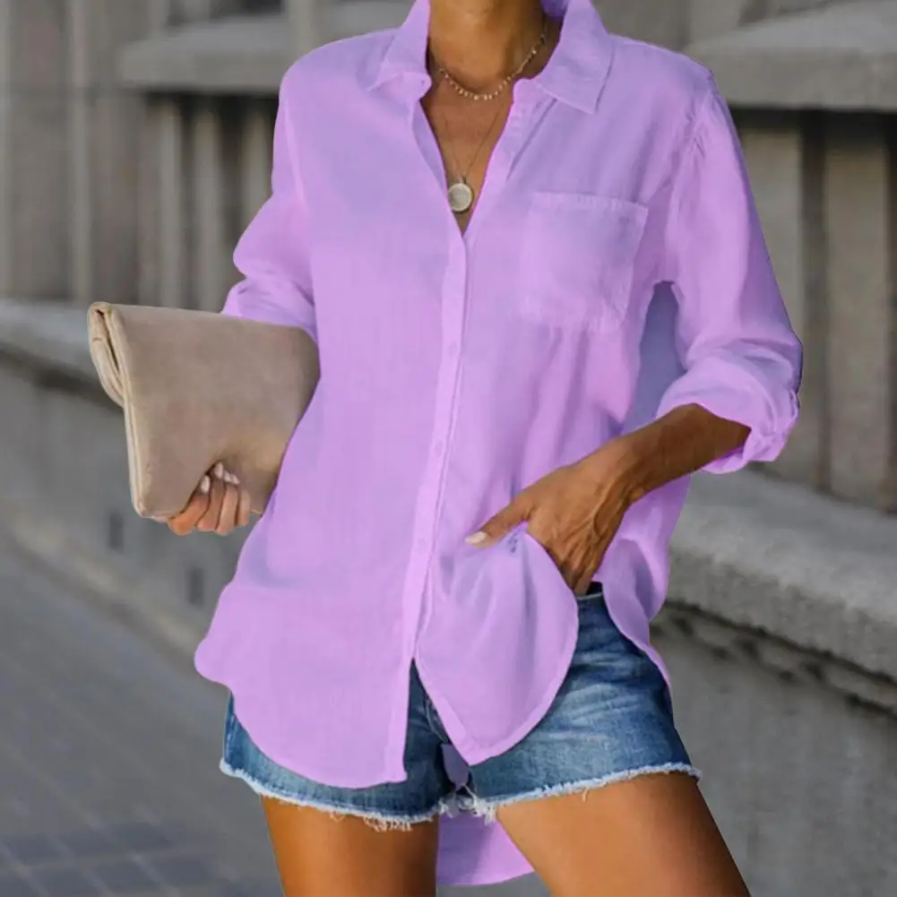 

Spring Women Blouse Single-breasted Loose Long Sleeves Turn-down Collar Cardigan Solid Color Mid Length Shirt Female Clothing