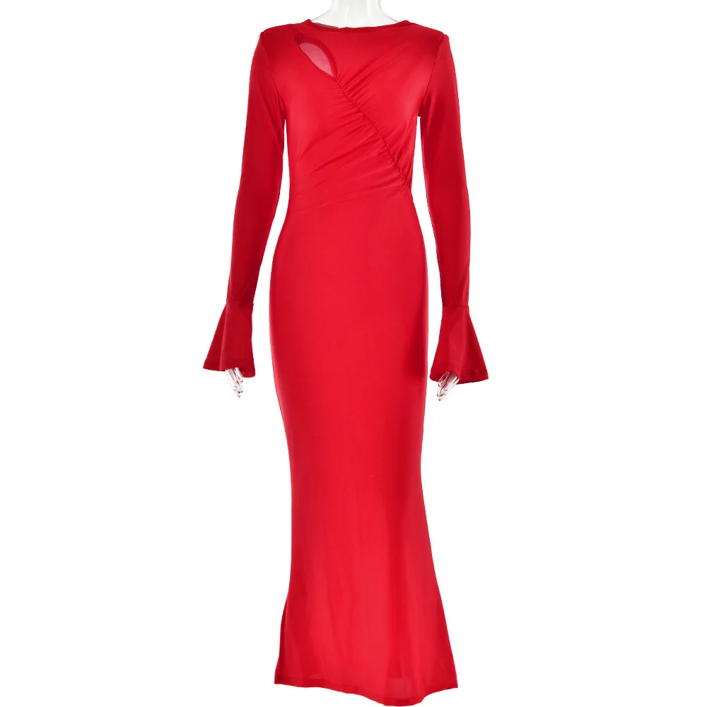 เดรสยาวทรงเข้ารูป แขนยาว จับจีบ แต่งผ้าต่อกัน คอทรงกลม แฟชั่นใหม่สุดเซ็กซี่