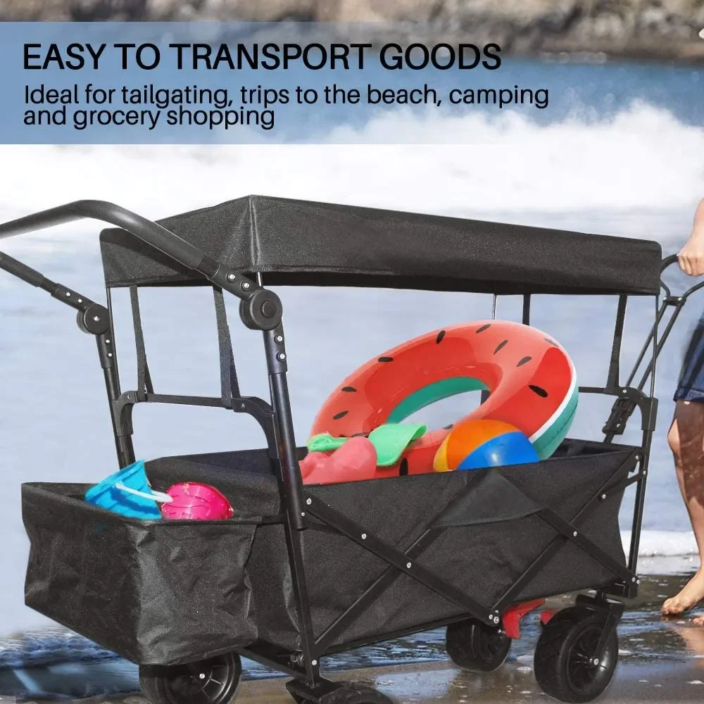 Folding Push Wagon Cart with Canopy Collapsible Utility Camping Heavy Duty Shopping Wide Wheel Red