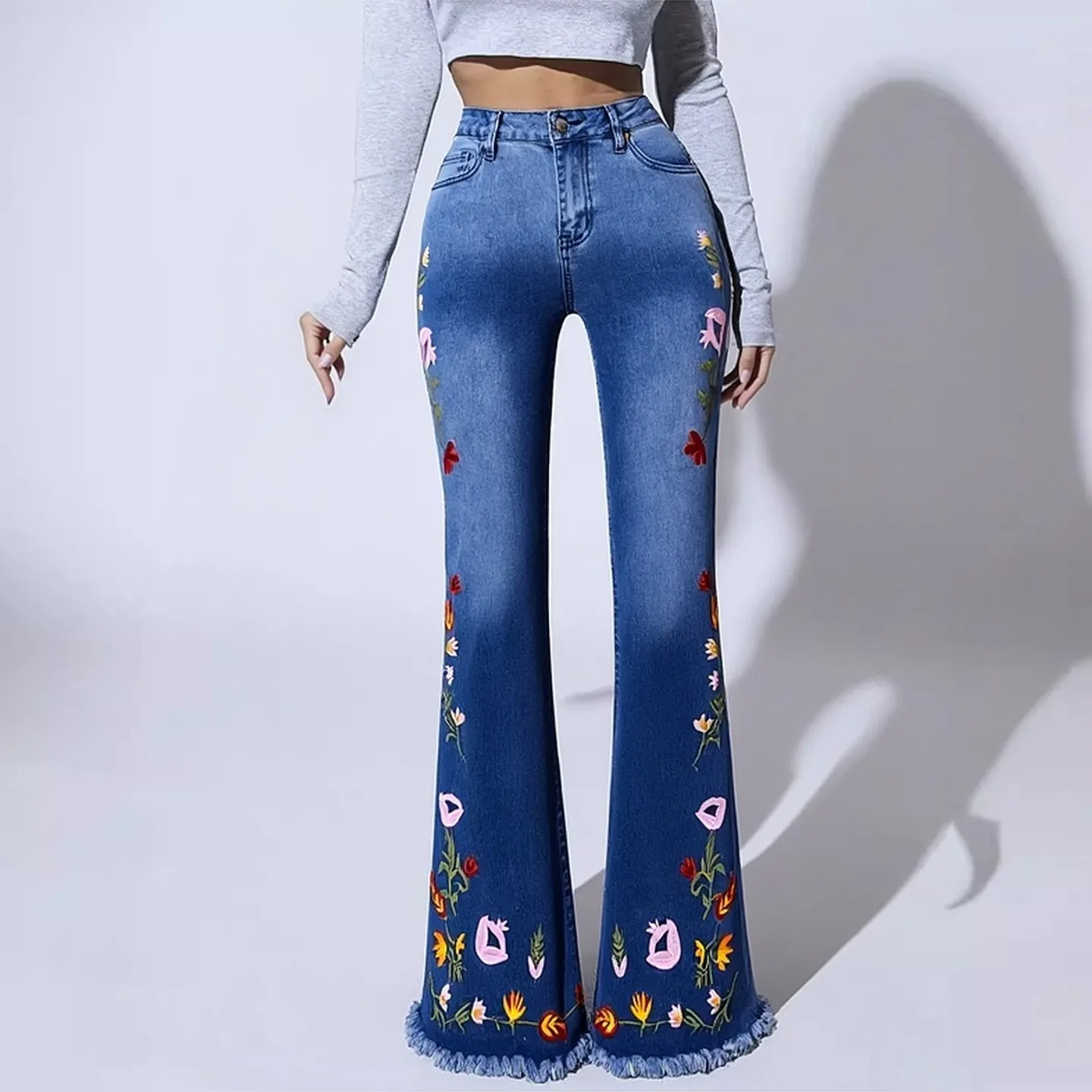 Women Jeans Slim Fit Mid-waist New Fashion Denim Trousers  Embroidered Elegant Flare Leg Floor-mopping Festival Pants Clothing