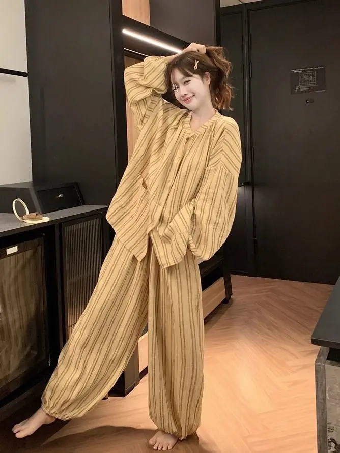 

Пижамные комплекты женские весна-осень 2025 японские повседневные полосатые брюки с длинными рукавами домашняя одежда костюм из 2 предметов одежда в корейском стиле