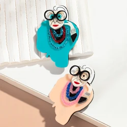 New Cartoon Abstract Glasses Grandma Acrylic Brooches for Women 2-Colors Cute Resin Granny Figure Badge Pins Casual Jewelry Gift