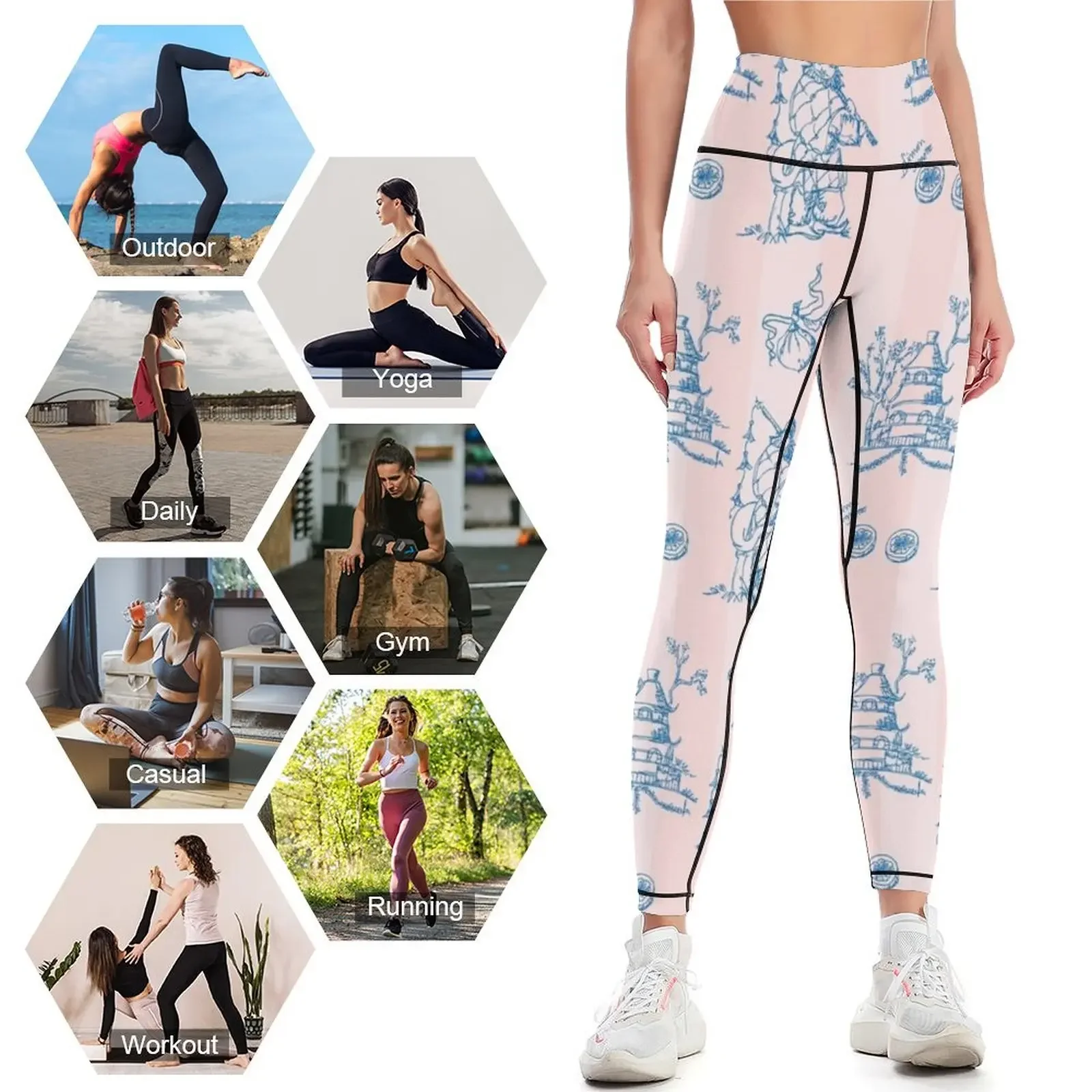 Ensemble de leggings de fitness pour femmes, motif roulant, pantalon de gym, vêtements de sport, chinoiserie, papier peint, jouets de jouy