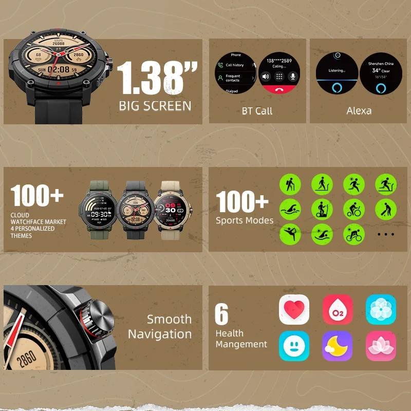 MASX Oasis X Premium GPS Smart Watch Alexa Ultra HD-display Ingebouwde GPS Hi-Fi Bluetooth-telefoongesprekken Sporthorloge van militaire kwaliteit