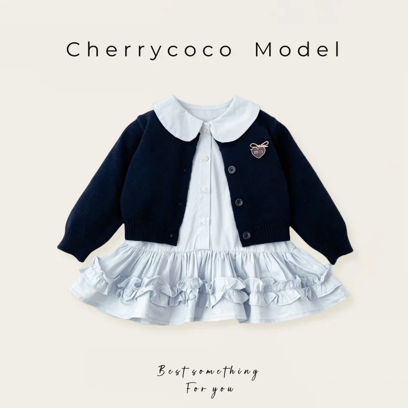 

CherrycocoGirls' Spring and Autumn New StyleMIUHeart-shaped Knitted Cardigan Shirt Dress Two-piece Set