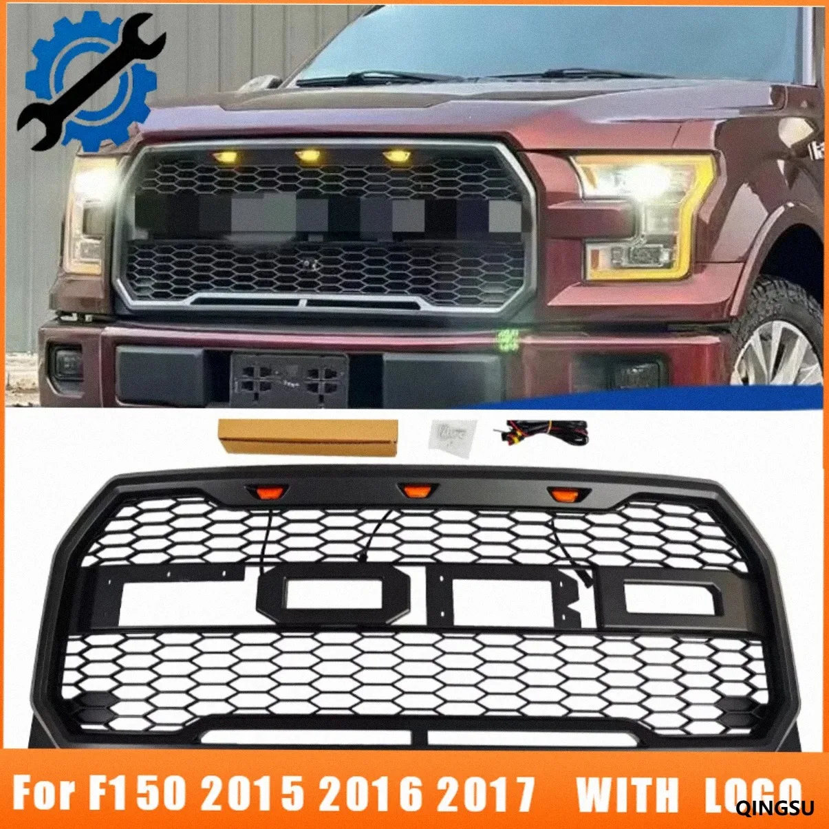 ABS Matte Black Raptor Style Front Grille With 3 Amber Lights For F150 2015 2016 2017 Replacement Mesh Truck Grill Mod Accessory