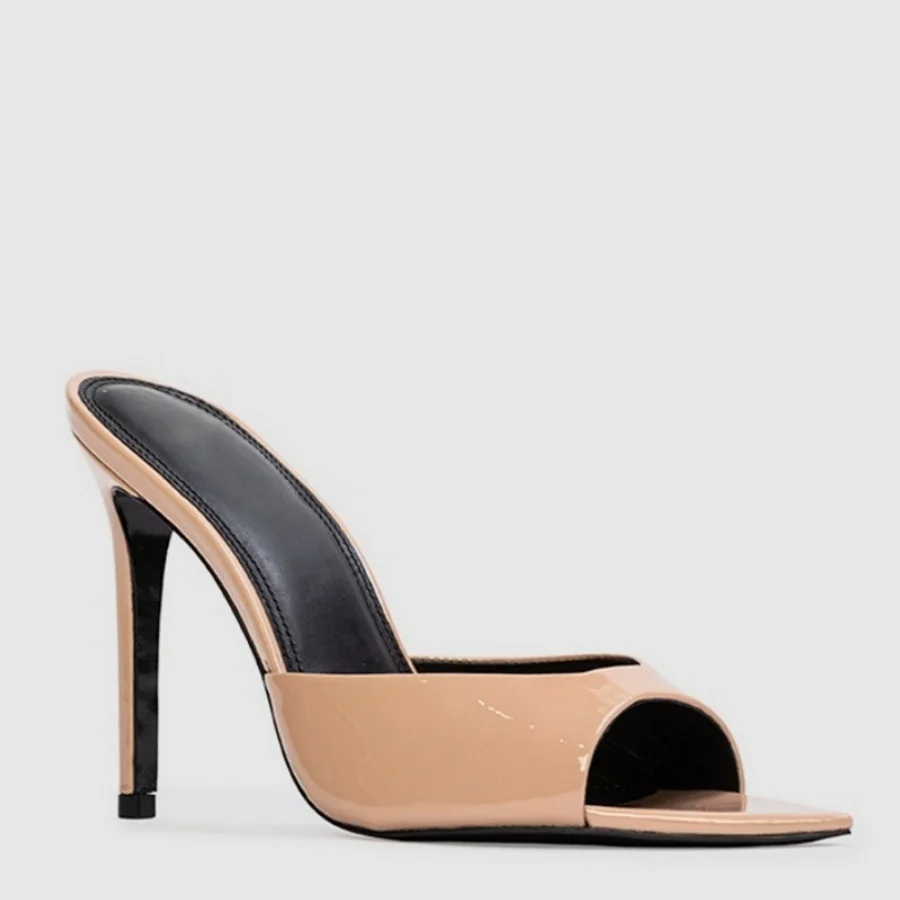 Women Patent Leather Open Pointed Toe High Heel Slippers Mules Stiletto Heel Slip On Backless Sandals Summer Dress Shoes