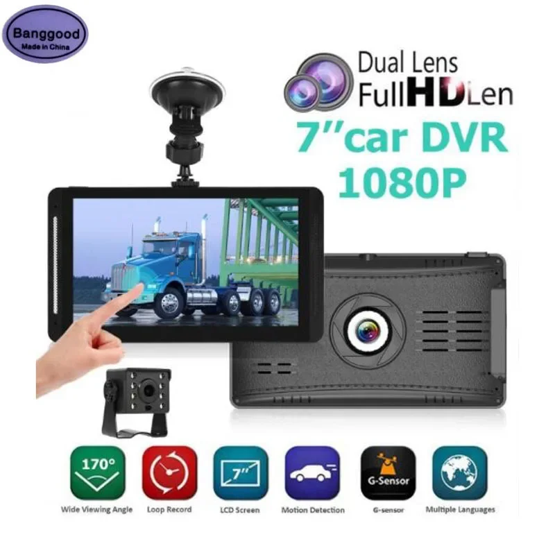 

D260 7" Touch Screen Dash Cam Front Rear Dual Lens 12V/24V Car Truck DVR Security Camera HD 1080P Night Vision Video Recorder