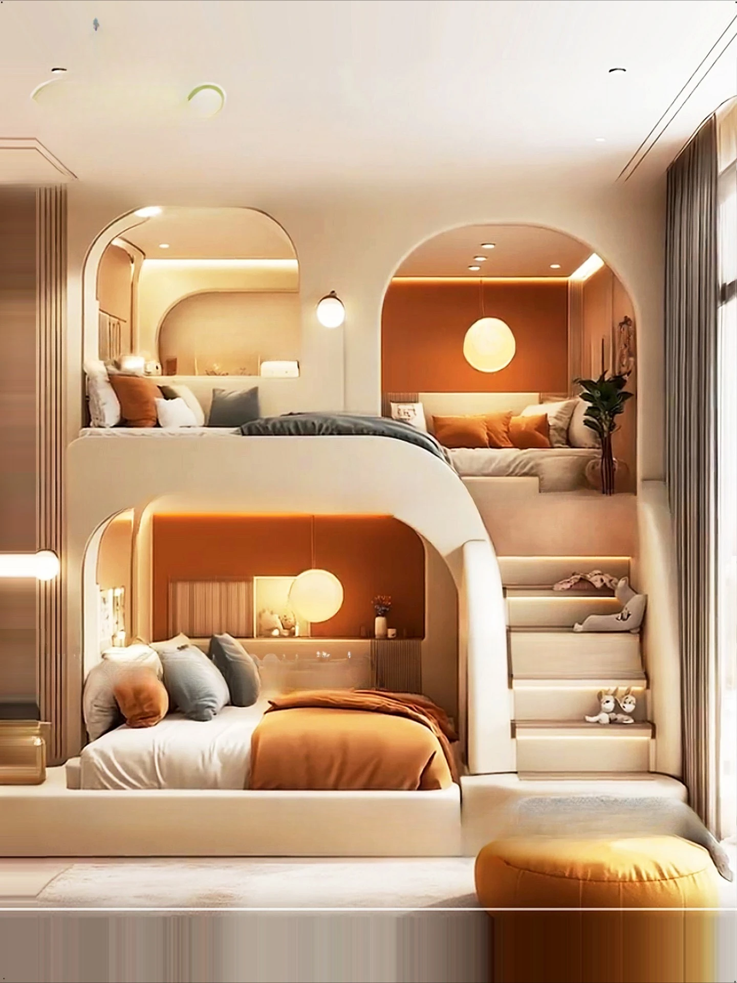 Tempat Tidur Anak Cream Wind Model Putri, Tempat Tidur Tingkat Atas dan Bawah, Tempat Tidur Double untuk Orang Tua dan Anak