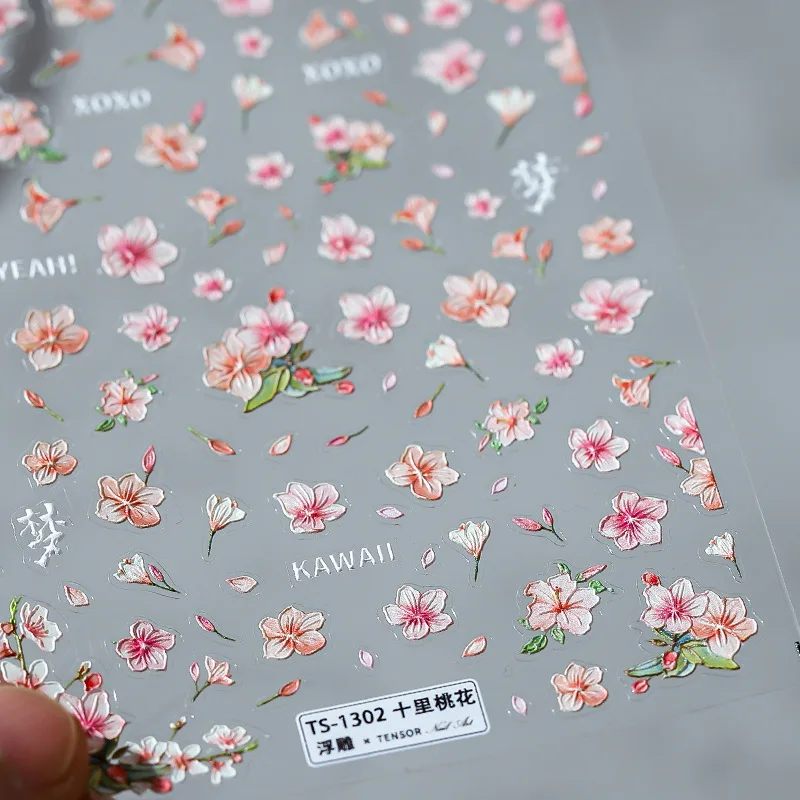 5D Peach Blossoms Soft Reliefs Self Adhesive Nail Art Decorations Stickers Sunflowers Chic 3D Nail Decals Wholesale Dropshipping