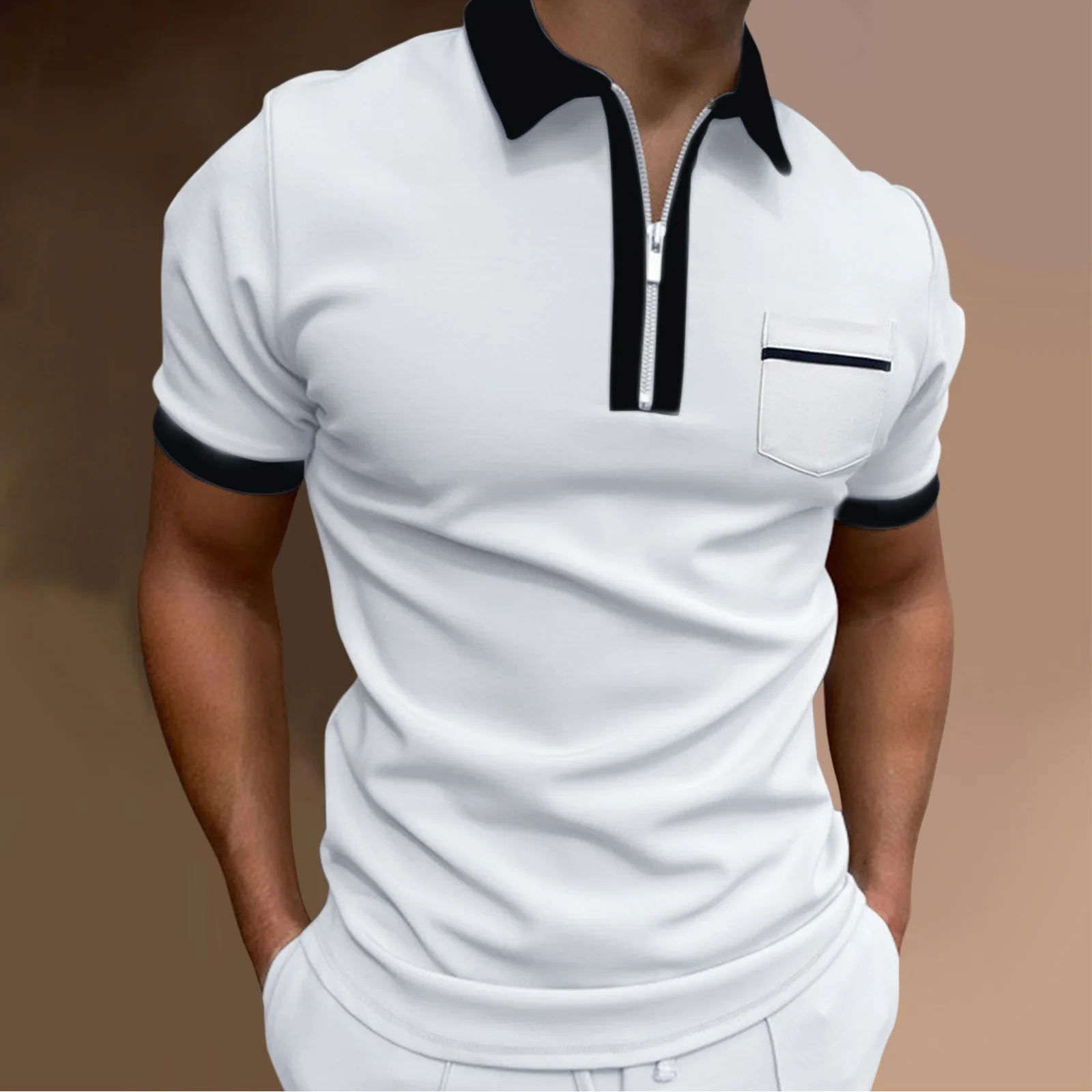 Men\'s polo shirt lapel pocket solid color T-shirt short sleeve color matching casual slim fashion high quality men\'s wear