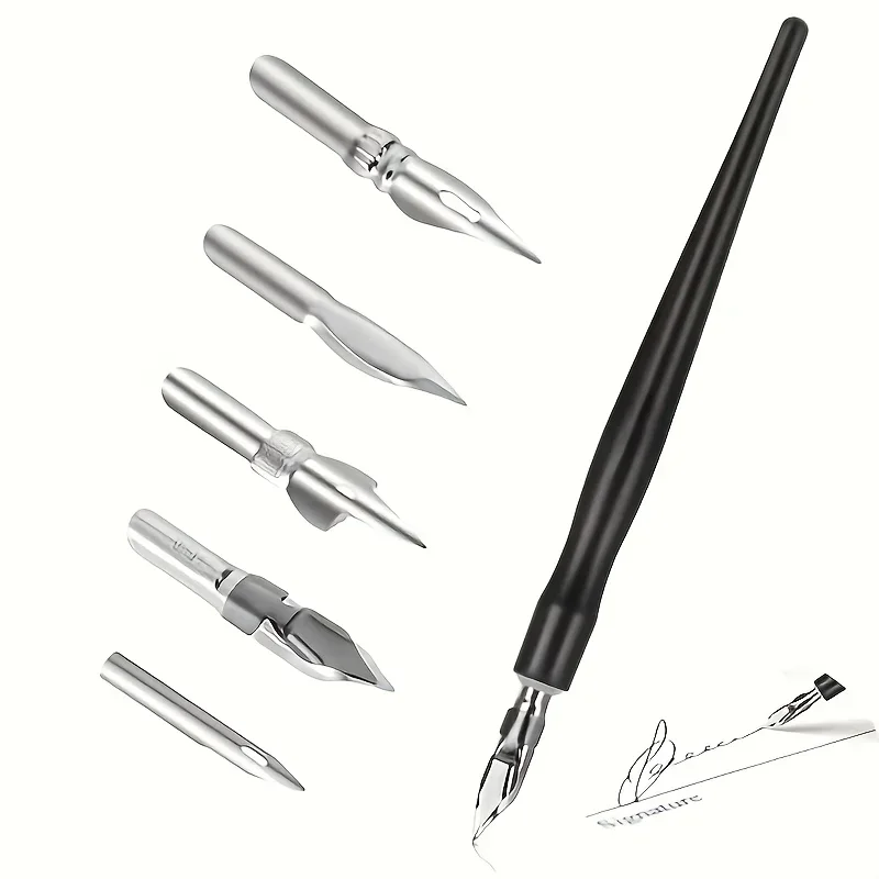 Manga Dip Pen Kit Black Pen Handle with 5pcs Different Metal Nibs for Sketching Comic Handwriting Calligraphy Art Drawing Tool